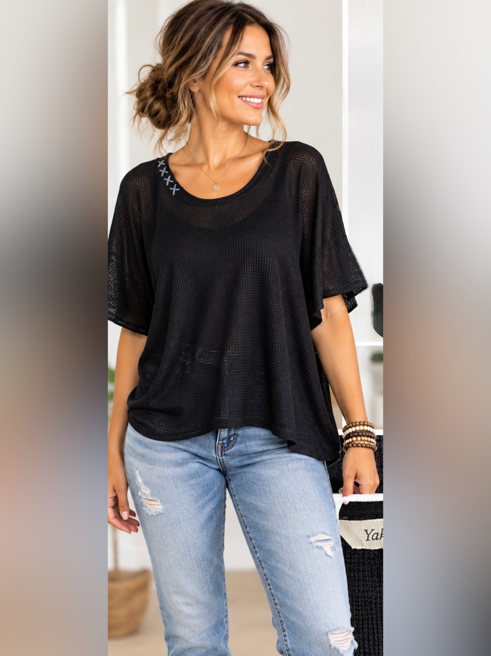 Yak & Yeti Top Lightweight Waffle Knit Hand Stitched Details Black Tunic XL - Ne